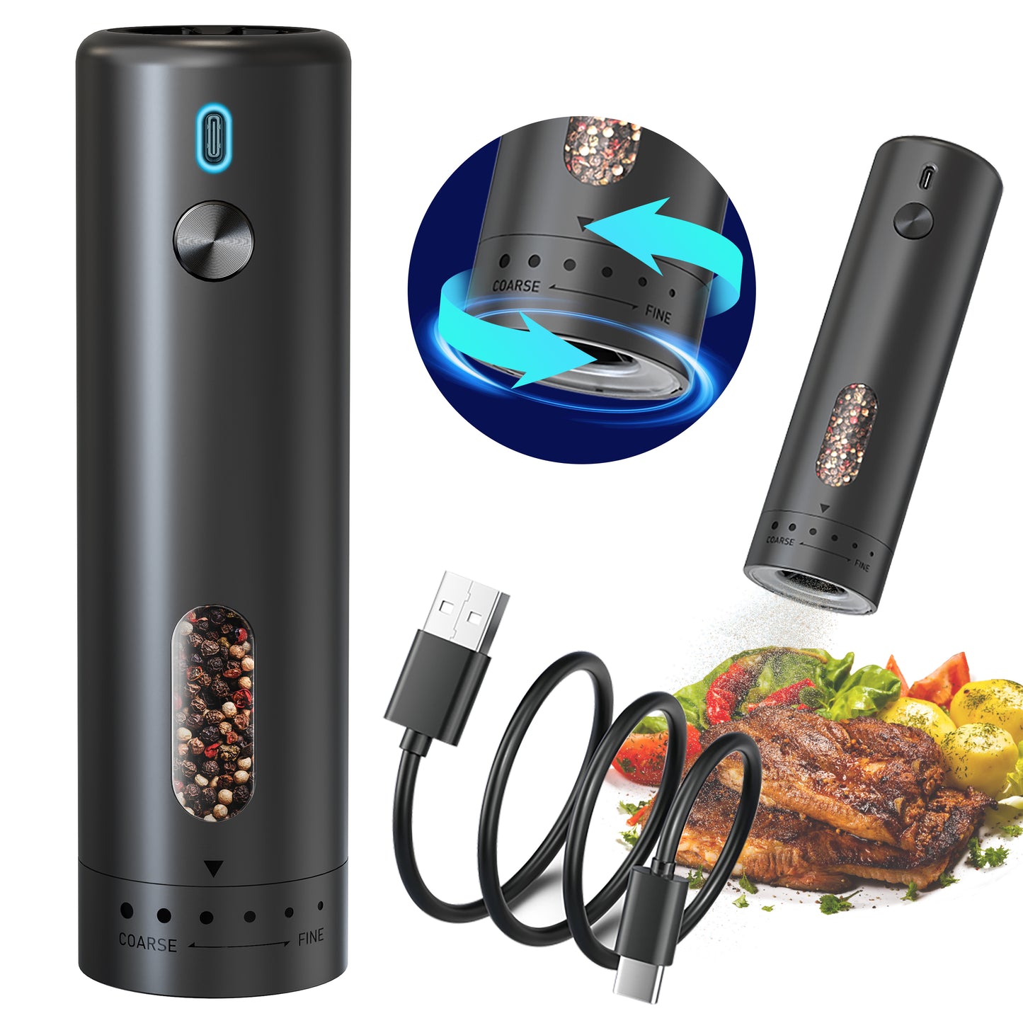 BNMQ electric pepper mill adjustable coarseness settings | Moulin à poivre électrique BNMQ réglages de mouture ajustables