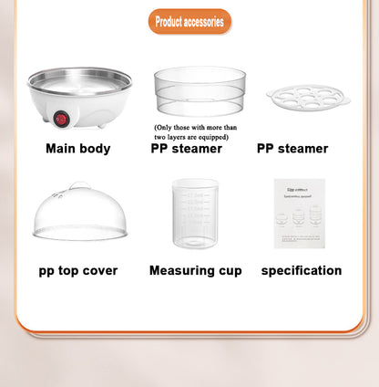 Mini Egg Steamer with auto shut-off, multifunctional egg boiler, food-grade stainless steel, 110V-10V US plug, PP material, no batteries required, essential kitchen gadget for a healthy breakfast