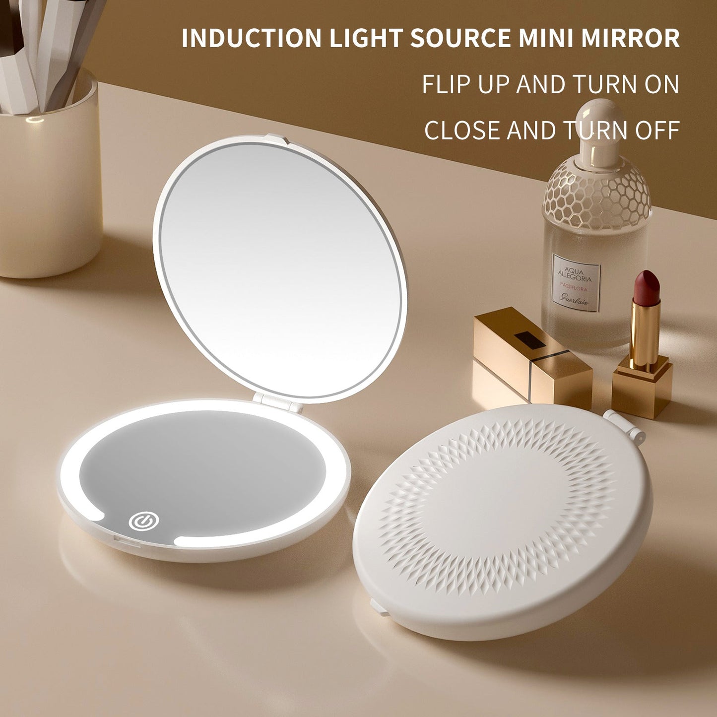 BNMQ portable flip mirror compact folded view | Vue pliée compacte du miroir rabattable portable BNMQ