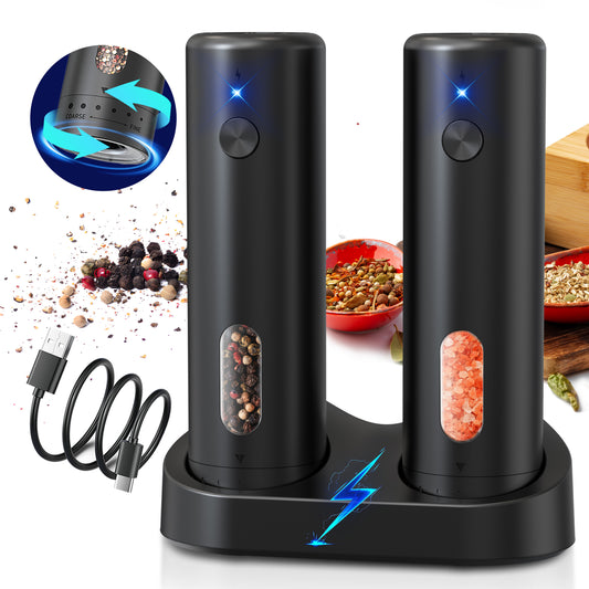 BNMQ electric salt and pepper grinder set 2-pack with charging base | Ensemble de moulins à sel et poivre électriques BNMQ 2 pièces avec base de charge