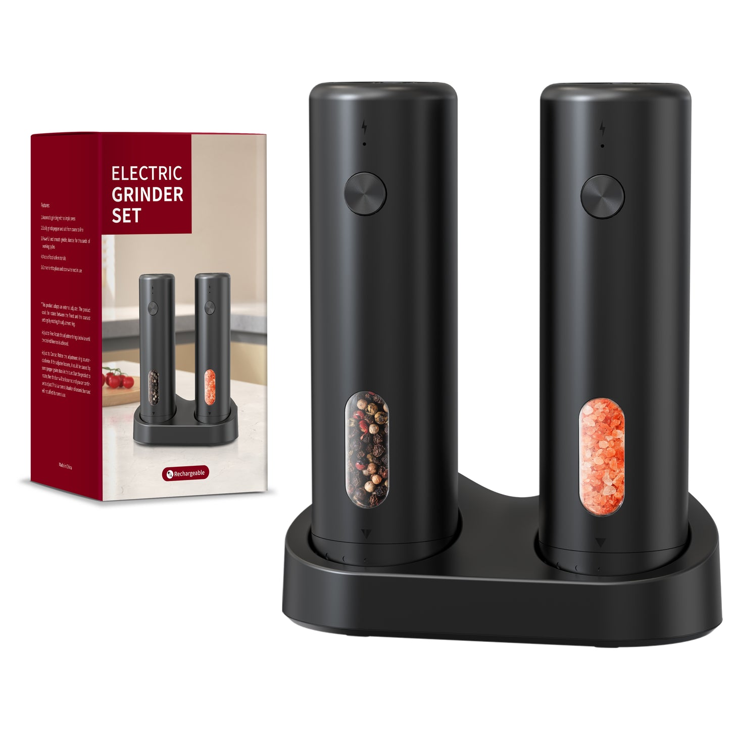 BNMQ salt pepper grinder set charging base detail | Détail de la base de charge de l'ensemble de moulins BNMQ